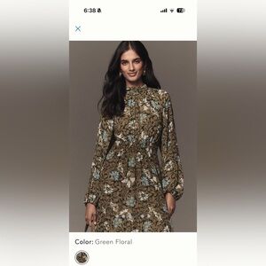 Green Floral Long-Sleeve Midi Dress